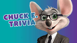 Chuck E. Cheese 吉祥物戴眼鏡和西裝，在漸變背景上帶有問答文字。 — 查克芝士 壁紙