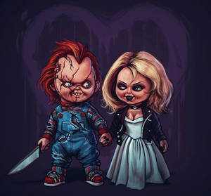 Chucky 和他的新娘在深紫色哥德式場景中牽手。 — 鬼娃恰吉 壁紙