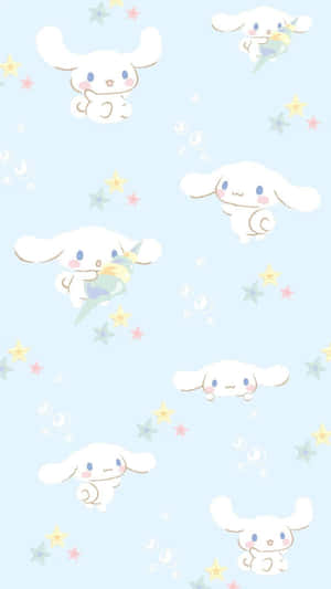 Cinnamoroll 兔子在淺藍色背景上與星星和泡泡一起漂浮。 — 可愛小狗 壁紙