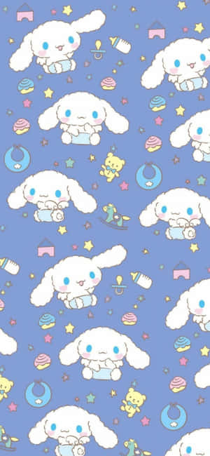 Cinnamoroll 和嬰兒用品在星星點綴的粉藍色圖案中漂浮。 — Galaxy S21 Ultra 壁紙