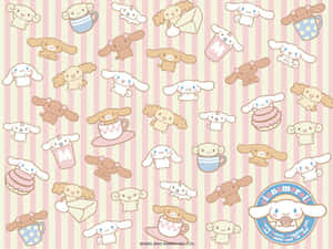 粉彩條紋壁紙中的 Cinnamoroll 角色，手持零食和杯子。 — 可愛小狗 壁紙