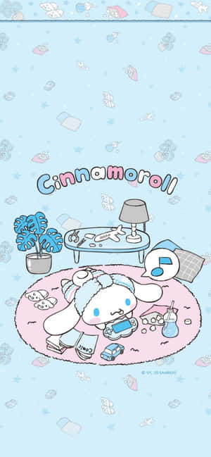 Cinnamoroll 坐在粉紅色地毯上，周圍有玩具和書本，在一個粉藍色房間裡。 — iPhone 15 壁紙