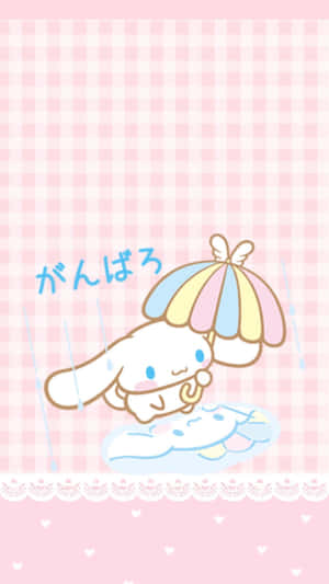 Cinnamoroll 在雨中漂浮在水坑裡，拿著一把彩虹傘。 — 兔子 GIF 壁紙