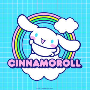 Cinnamoroll 卡通角色在雲朵上微笑，背後有彩虹。 — 彩虹美學 壁紙