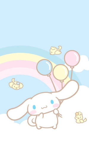 Cinnamoroll 在彩虹下拿著氣球，毛茸茸的小雞在天空中漂浮。