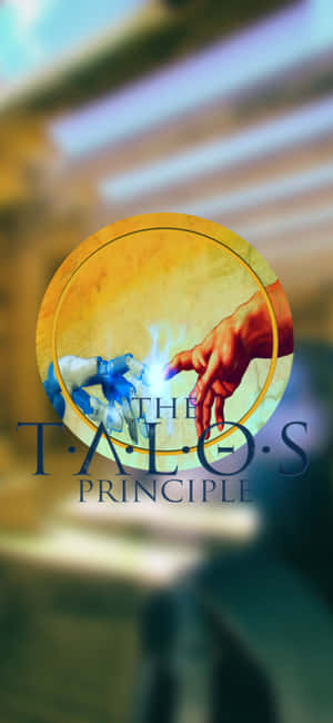 The Talos Principle 的標誌，顯示一隻人類的手和一隻機械手在發光中觸碰。 — iPhone 15 Pro Max 壁紙