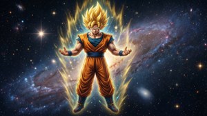 超級賽亞人悟空在太空中漂浮，帶有發光的能量光環和星空背景。
