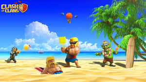 Clash of Clans 角色在陽光明媚的海灘度假中享受棕櫚樹和熱氣球。 — 電玩遊戲 GIF 壁紙