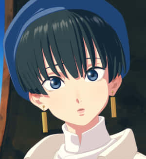 短黑髮、藍眼睛、戴金耳環的動漫女孩，穿著藍色頭巾和白色服裝。 — 梅莉達 壁紙