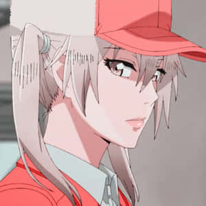 銀髮紅帽動漫少女側視，柔和粉紅色調。 — 細胞的工作 壁紙
