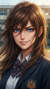穿著校服的動漫女孩，藍眼睛、棕色頭髮，在日落時分戶外微笑。