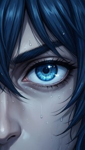 藍眼睛、深色頭髮的動漫角色正在流淚。
