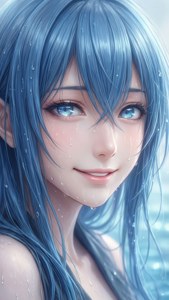 藍髮帶淚的動漫少女在水中輕柔微笑。