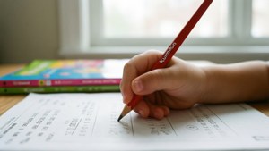 孩子的手用紅色鉛筆在窗邊工作紙上書寫