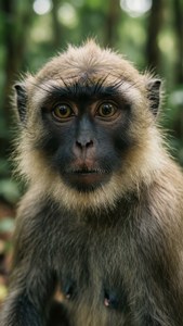 一隻黑色面孔和金色眼睛的猴子在森林中直視鏡頭。