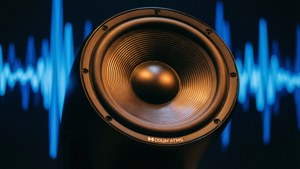 Dolby Atmos 喇叭特寫，帶有藍色聲波視覺效果。