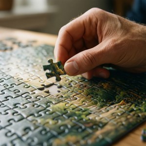 手將拼圖塊放入木桌上的拼圖中。 — Pixel Watch 3 壁紙