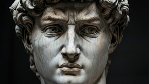米開朗基羅的大衛大理石雕塑特寫，眼神強烈。