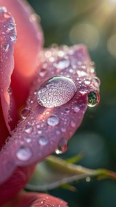 粉紅色玫瑰花瓣覆蓋著露珠，陽光在水滴上反射。