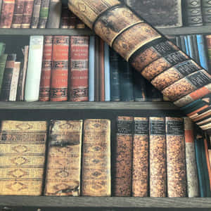 木書架上排列著帶有裝飾性書脊的舊書行。 — 書本美學 壁紙