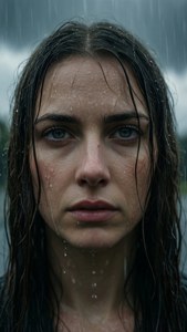 一位濕髮藍眼的女性在雨中強烈凝視。