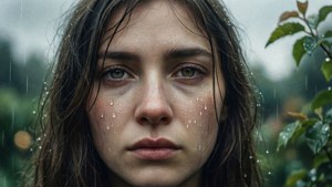 一位濕髮且帶淚的女子在雨中直視鏡頭。