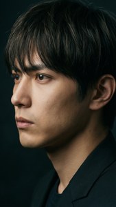 一個年輕黑髮男子表情嚴肅的特寫肖像。