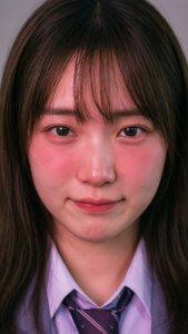身穿校服的年輕女子，臉頰紅潤，面帶溫柔微笑。