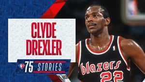 Clyde Drexler 身穿波特蘭拓荒者球衣，背景為「75 Stories」圖形。 — 運動 壁紙