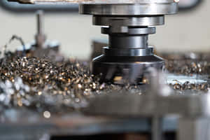 CNC 機器切割金屬，閃亮碎屑四處飛散。 — 金屬質感 壁紙