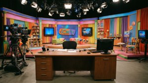 色彩繽紛的電視攝影棚佈景，配有彩虹窗簾和「Carly」標誌。
