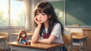 動漫女學生穿著校服在日落時分坐在書桌前與娃娃一起