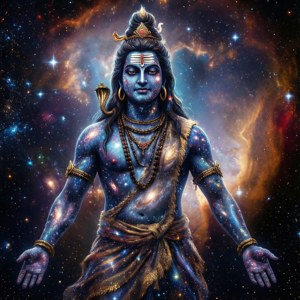 擁有星塵肌膚和金色飾品的藍膚宇宙神祇，背景為鮮豔星雲。