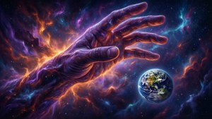 一隻巨手在色彩繽紛的宇宙雲中伸向地球。