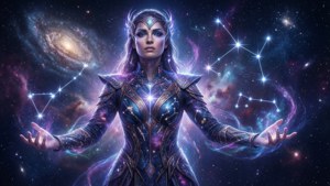 一位身穿星紋盔甲的女性宇宙戰士，在銀河背景下張開雙臂。