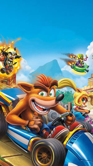Crash Bandicoot 和 Coco 在藍色卡丁車中比賽，火焰敵人在叢林環境中。 — 古惑狼 壁紙