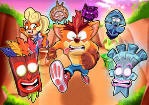 Crash Bandicoot 和朋友們在一個有發光面具的叢林峽谷中。 — 秋季美學 壁紙