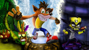 Crash Bandicoot 和 Dr. Cortex 在一個帶有發光傳送門的叢林寺廟中。 — 古惑狼 壁紙