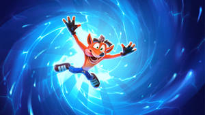 Crash Bandicoot 帶著開心的表情飛過發光的藍色能量隧道。 — 古惑狼 壁紙