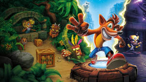 Crash Bandicoot 在一個有閃電和敵人的叢林神殿中跳躍。 — 古惑狼 壁紙
