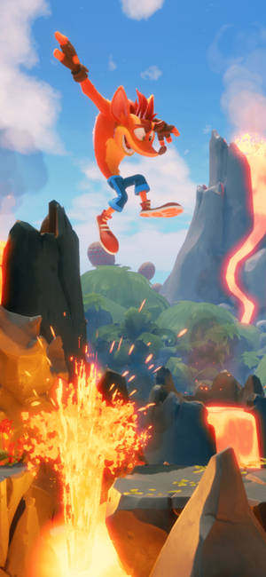 Crash Bandicoot 跳過一個充滿熔岩的火山景觀。 — iPhone 17 Pro 壁紙