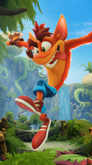 Crash Bandicoot 跳躍穿過有瀑布和植物的叢林。 — 古惑狼 壁紙