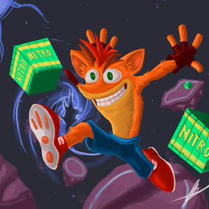 Crash Bandicoot 在太空環境中帶著硝基方塊跳躍。 — 古惑狼 壁紙