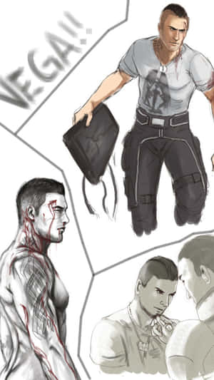 一個沾滿鮮血的動漫男人拿著公事包，在碎片化的面板中展現強烈的表情。 — 低飽和 壁紙