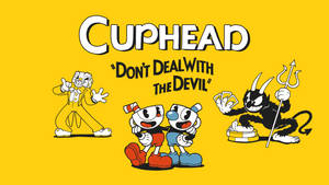 Cuphead 和 Mugman 面對一個拿著卡牌的惡魔，卡牌上寫著「Don't Deal With The Devil」。 — 茶杯頭 壁紙