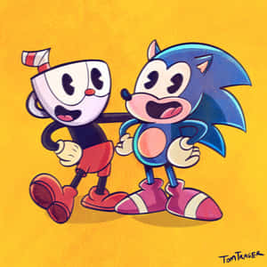 Cuphead 與 Sonic the Hedgehog 微笑著一起擺姿勢。 — 茶杯頭 壁紙