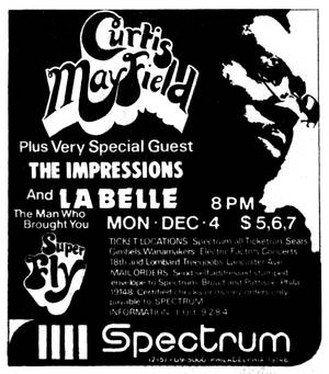 Curtis Mayfield and The Impressions 在 Spectrum 的黑白音樂會海報。 — 美學音樂 壁紙