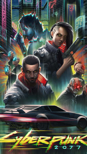 Cyberpunk 2077 角色在霓虹城市中，伴隨一輛發光的汽車。 — 傳說對決英雄 壁紙