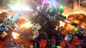 Cyberpunk 戰士在爆炸和紅玫瑰中戰鬥。 — 邊緣禁地3 壁紙