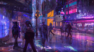 夜晚霓虹燈照亮 cyberpunk 城市街道，人們在雨中行走。 — 賽博龐克城市 壁紙
